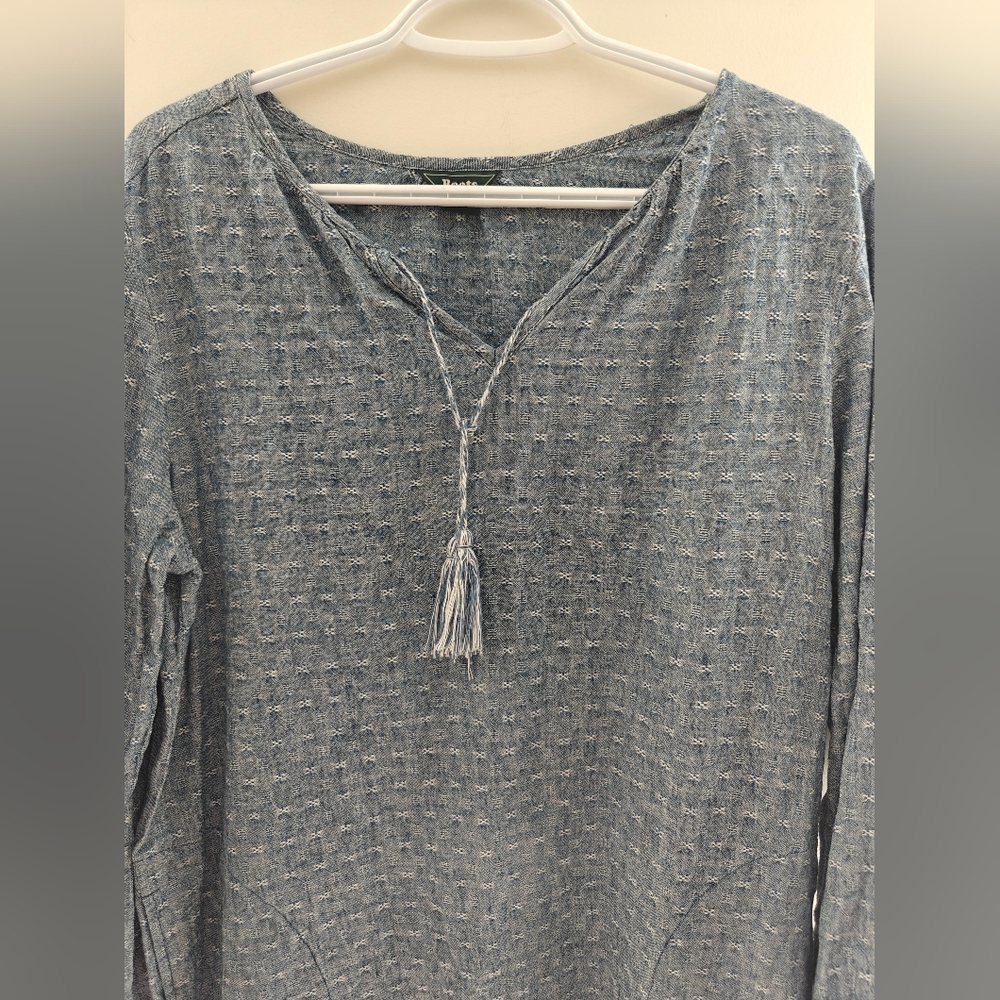 Roots Blue Textured Tunic Dress Long Sleeve With Tassel Linen Blend Size M